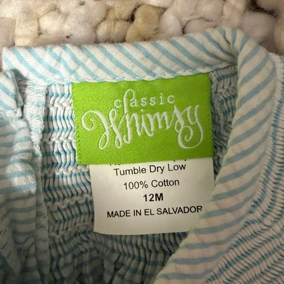 Classic Whimsy Smocked Dress 12M Blue White Seersucker Floral Embroidered - Picture 2 of 8